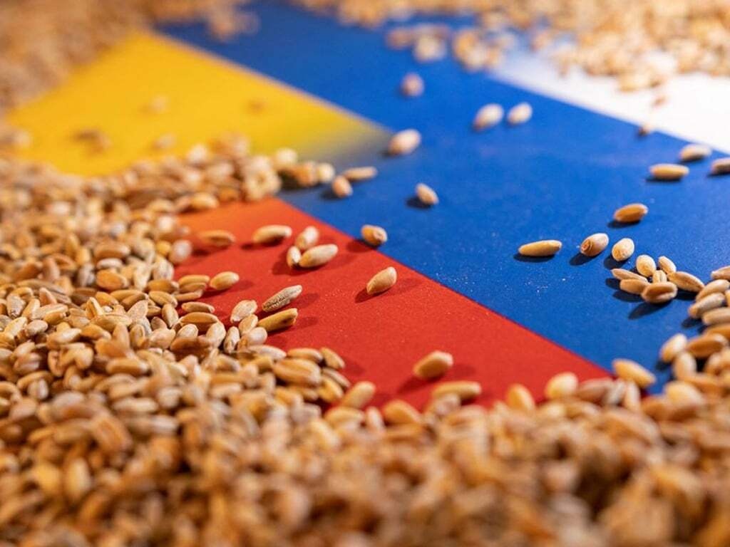 Russian and Ukraine flag under grain.