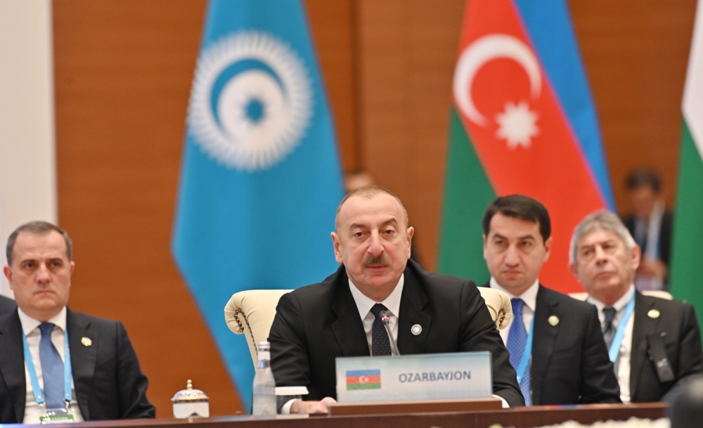 President of Azerbaijan Ilham Aliyev addressing the 9th Summit of the Organization of Turkic States.