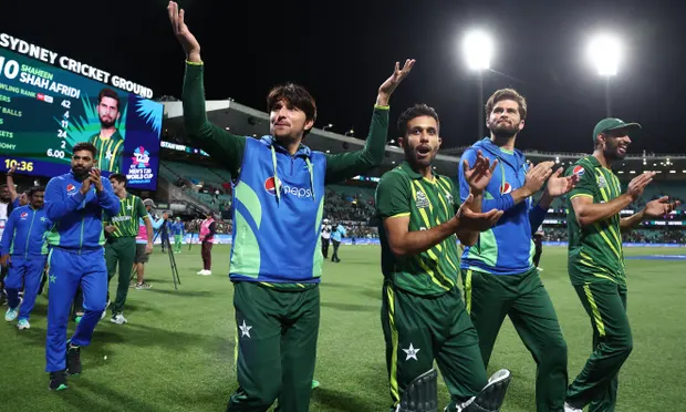 Cricket players from Pakistan celebrate their victory in the ICC Men's T20 World Cup semifinal. ICC/Getty Images