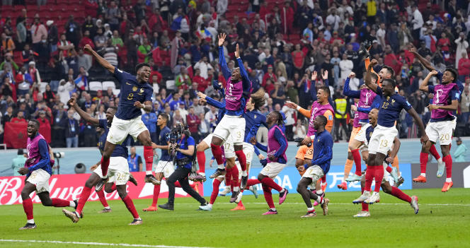 On December 14, 2022, in the Al Bayt Stadium in Al Khor, Qatar, France's players celebrate after their World Cup semifinal victory over Morocco. 
