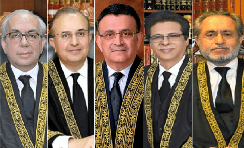 Justice Munib Akhtar, Justice Mansoor Ali Shah, CJP Umar Ata Bandial, Justice Muhammad Ali Mazhar and Justice Jamal Khan Mandokhail are part of the reconstituted SC bench hearing the election suo motu case.