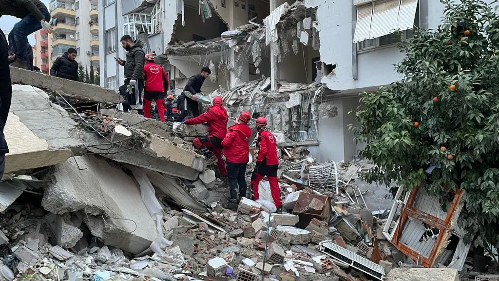 Rescue workers search for survivors in Kahramanmaras, Turkey.