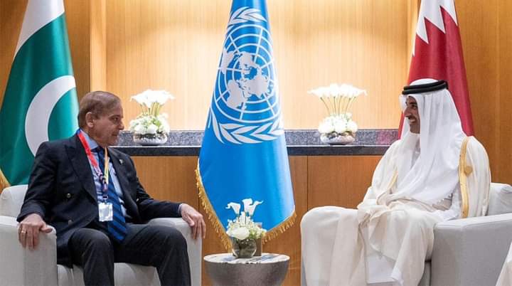 Prime Minister Muhammad Shehbaz Sharif meets the Amir of Qatar, Sheikh Tamim bin Hamad Al Thani on the sidelines of 5th UN LDCs Conference.
