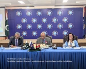 Islamabad (GNP) :-  Institute of Strategic Studies Islamabad (ISSI), in collaboration with Policy Research Institute of Market Economy (PRIME), hosted a roundtable discussion on “The Middle East Crisis: Economic Implications and Emerging Opportunities for Pakistan,”. The event brought together leading policymakers, economists, and experts to deliberate on the evolving geopolitical situation and its economic ramifications for Pakistan.