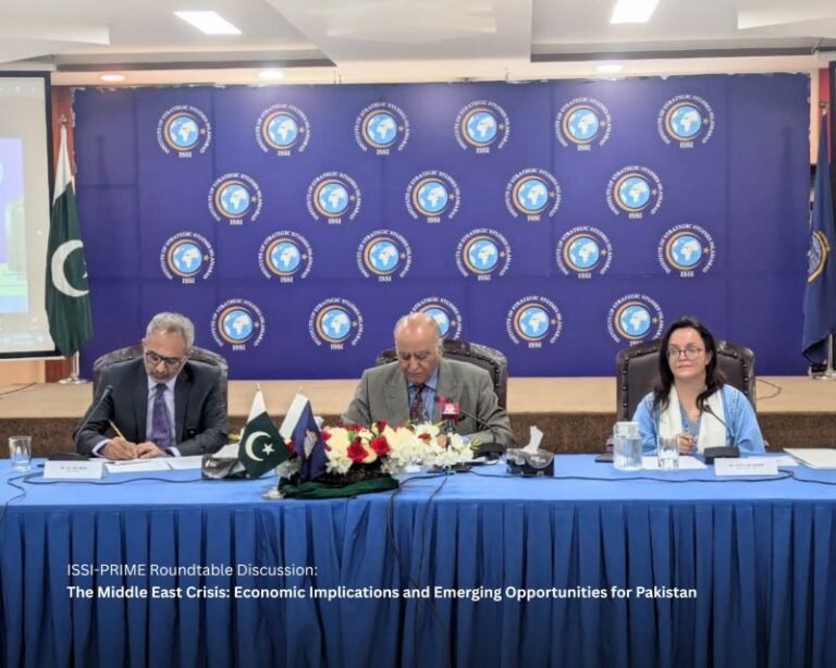 Islamabad (GNP) :-  Institute of Strategic Studies Islamabad (ISSI), in collaboration with Policy Research Institute of Market Economy (PRIME), hosted a roundtable discussion on “The Middle East Crisis: Economic Implications and Emerging Opportunities for Pakistan,”. The event brought together leading policymakers, economists, and experts to deliberate on the evolving geopolitical situation and its economic ramifications for Pakistan.