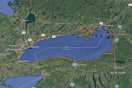 Satellite map of Lake Ontario outlined in red and labeled as Lake America, showing surrounding cities in Ontario and New York