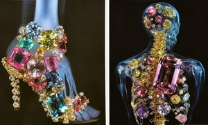 Translucent blue foot and torso with skeletal views filled with large, colorful gemstones and gold structures