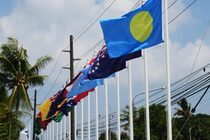 A row of Pacific island nation flags, featuring Palau in the foreground, flying on tall flagpoles
