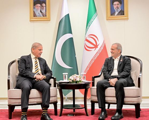 Pakistani Prime Minister Shehbaz Sharif meets with an Iranian official in front of the Pakistani and Iranian flags