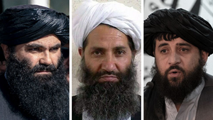 Three Taliban leaders side by side: Sirajuddin Haqqani, Hibatullah Akhundzada, and Mullah Yaqoob