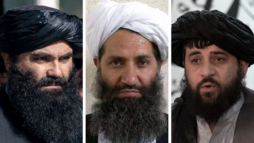 Three Taliban leaders side by side: Sirajuddin Haqqani, Hibatullah Akhundzada, and Mullah Yaqoob