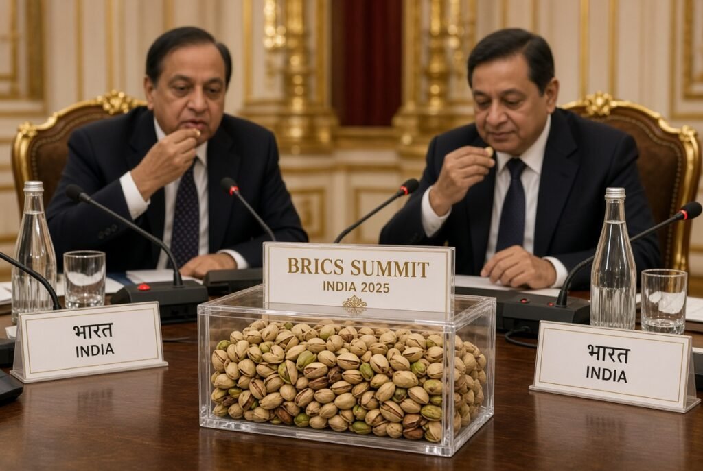 Two officials sitting at a BRICS Summit India 2025 conference table, eating pistachios from a clear box