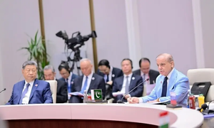 Pakistani Prime Minister Shehbaz Sharif speaks into a microphone as Chinese President Xi Jinping listens at a meeting